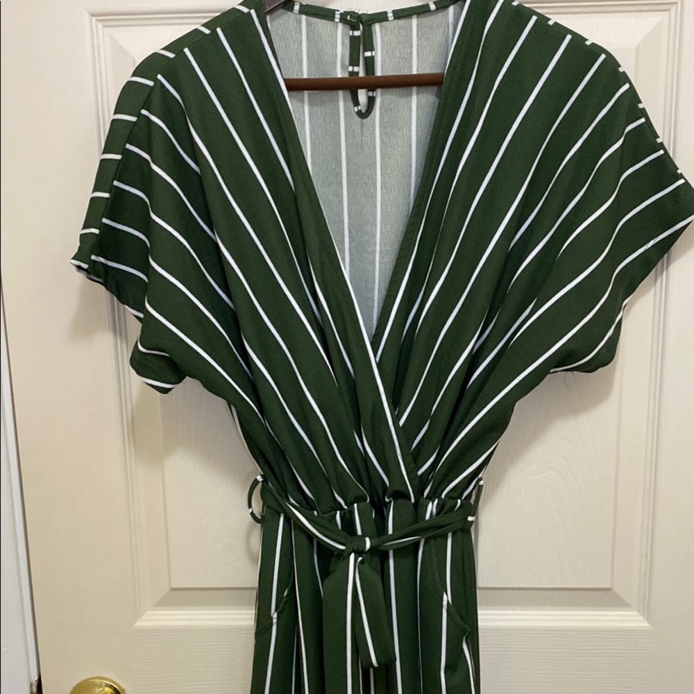 Green and White Wide Leg Jumpsuit with Tie Front
